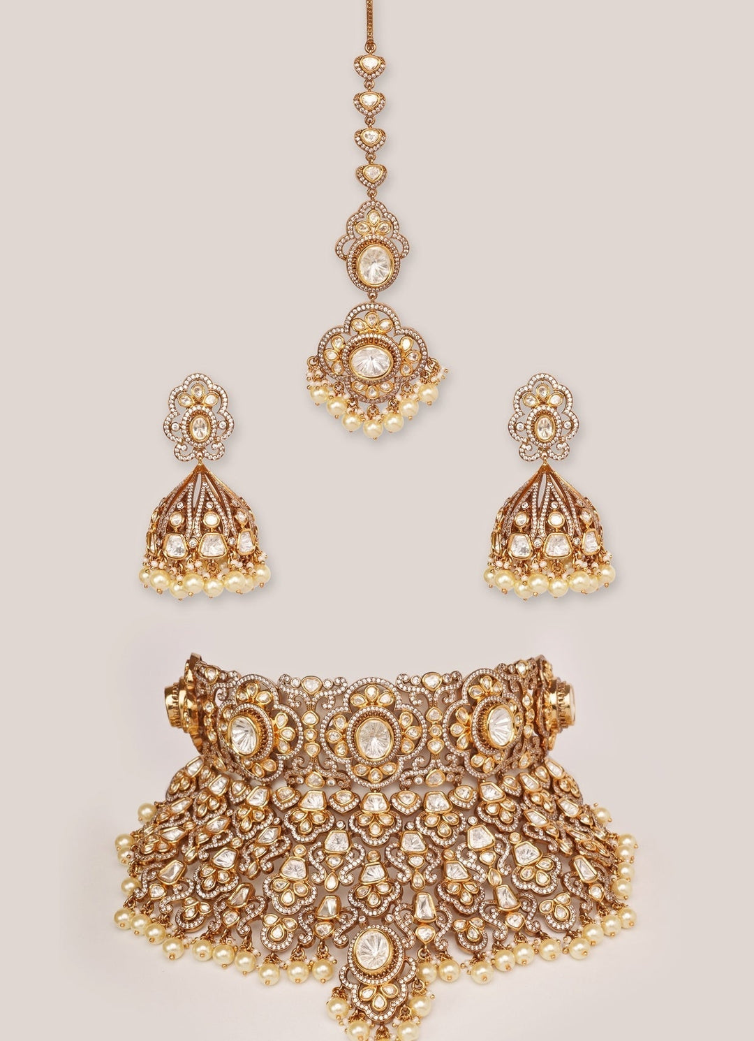 Gold Plated Kundan And Pearl Bridal Necklace Set Zevar by Geeta - Fabilicious Fashion