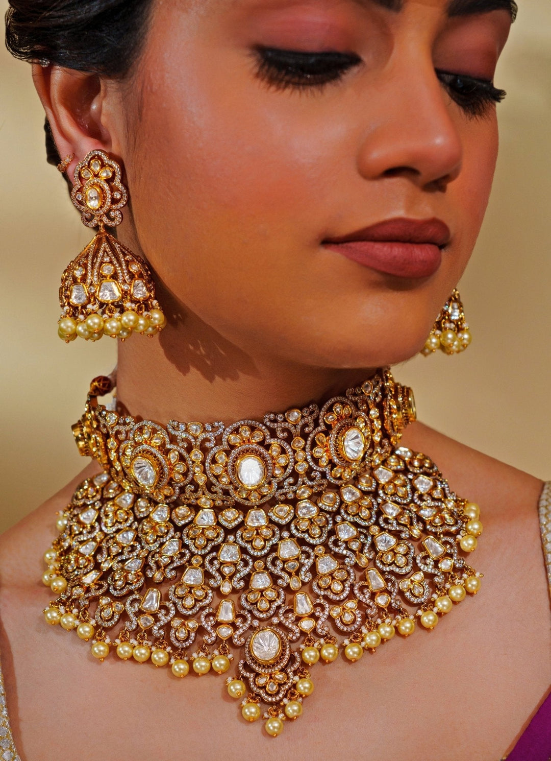 Gold Plated Kundan And Pearl Bridal Necklace Set Zevar by Geeta - Fabilicious Fashion