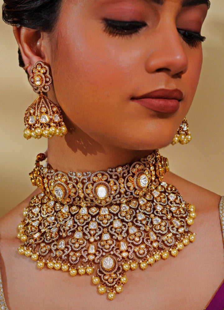 Gold Plated Kundan And Pearl Bridal Necklace Set Zevar by Geeta - Fabilicious Fashion