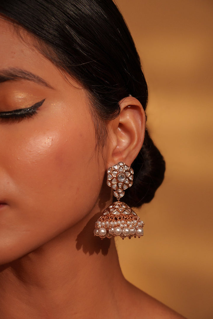 Gold Plated Kundan And Pearl Jhumki Earrings Zevar by Geeta - Fabilicious Fashion