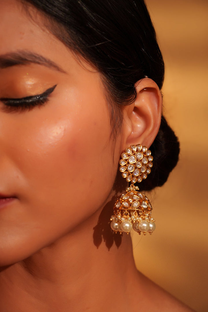 Gold Plated Kundan And Pearl Jhumki Earrings Zevar by Geeta - Fabilicious Fashion