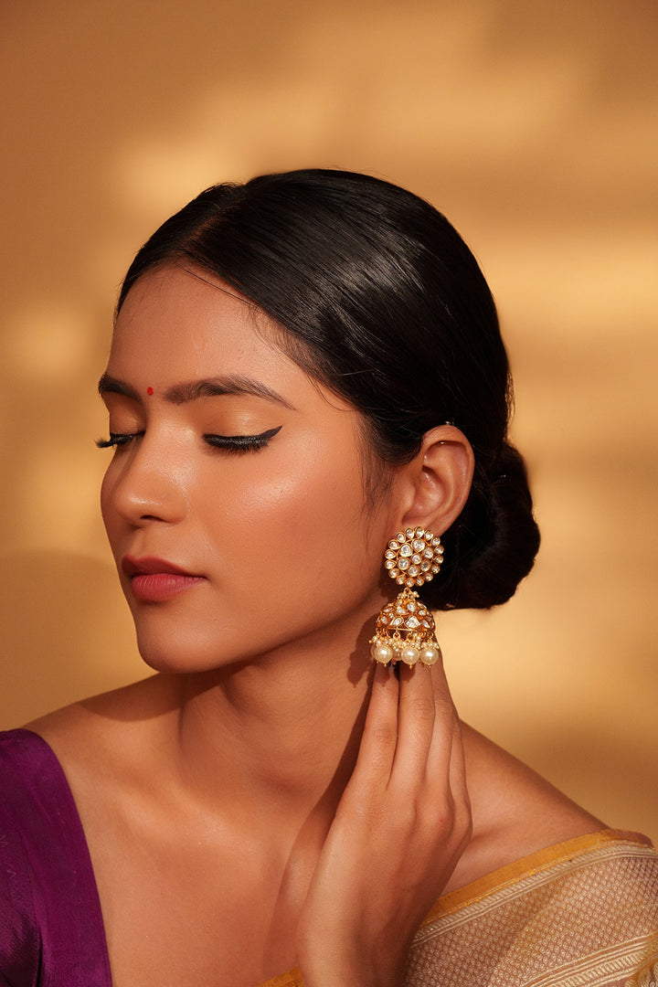 Gold Plated Kundan And Pearl Jhumki Earrings Zevar by Geeta - Fabilicious Fashion