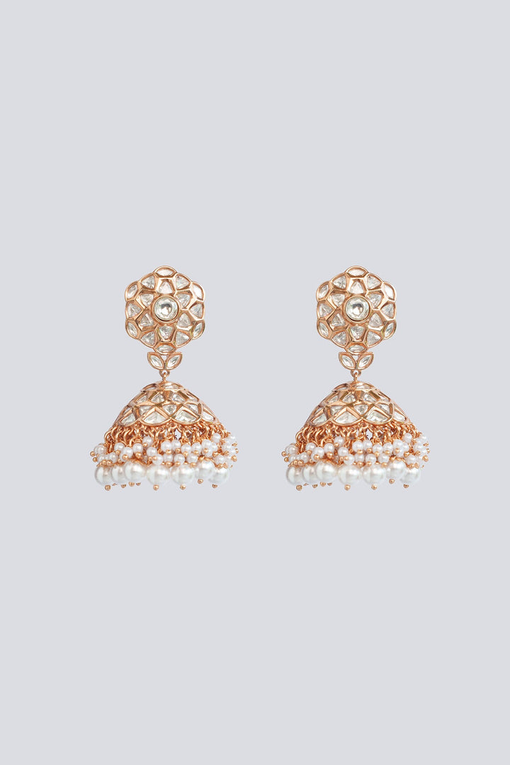 Gold Plated Kundan And Pearl Jhumki Earrings Zevar by Geeta - Fabilicious Fashion