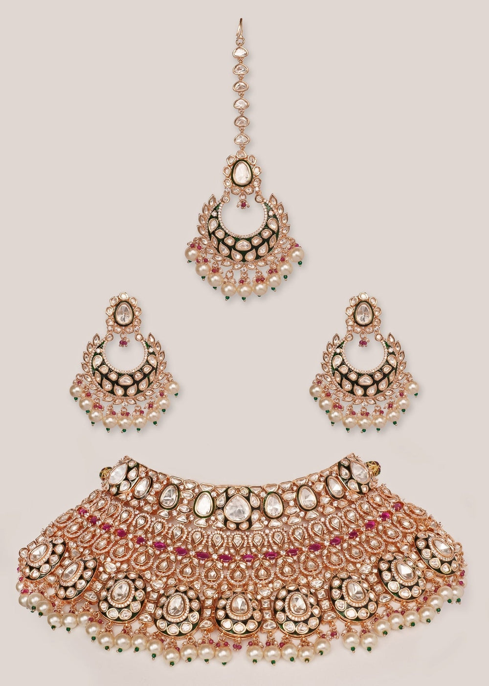 Gold Plated Kundan And Pink Stone Bridal Necklace Set Zevar by Geeta - Fabilicious Fashion