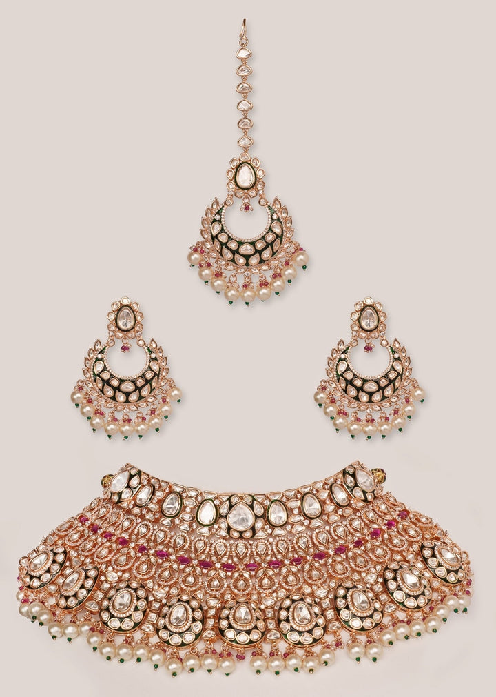 Gold Plated Kundan And Pink Stone Bridal Necklace Set Zevar by Geeta - Fabilicious Fashion