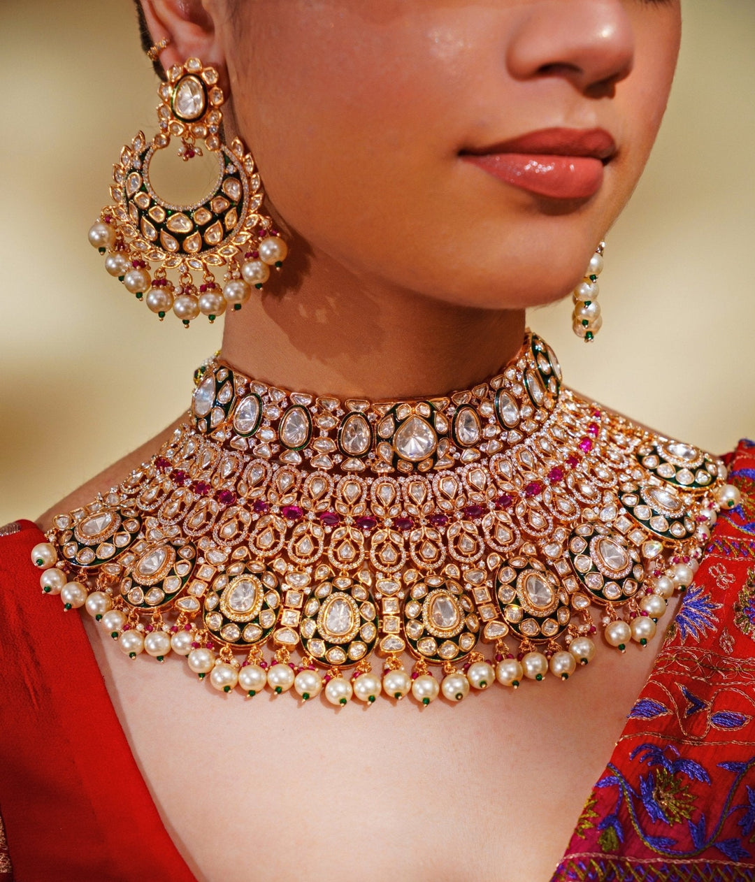 Gold Plated Kundan And Pink Stone Bridal Necklace Set Zevar by Geeta - Fabilicious Fashion