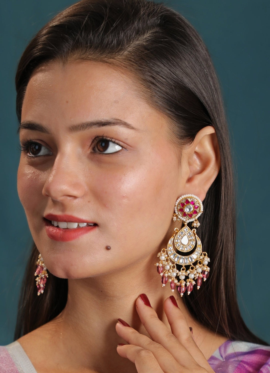 Gold Plated Kundan And Pink Stone Chandbali Earrings Kalyani Indian Jewelry - Fabilicious Fashion
