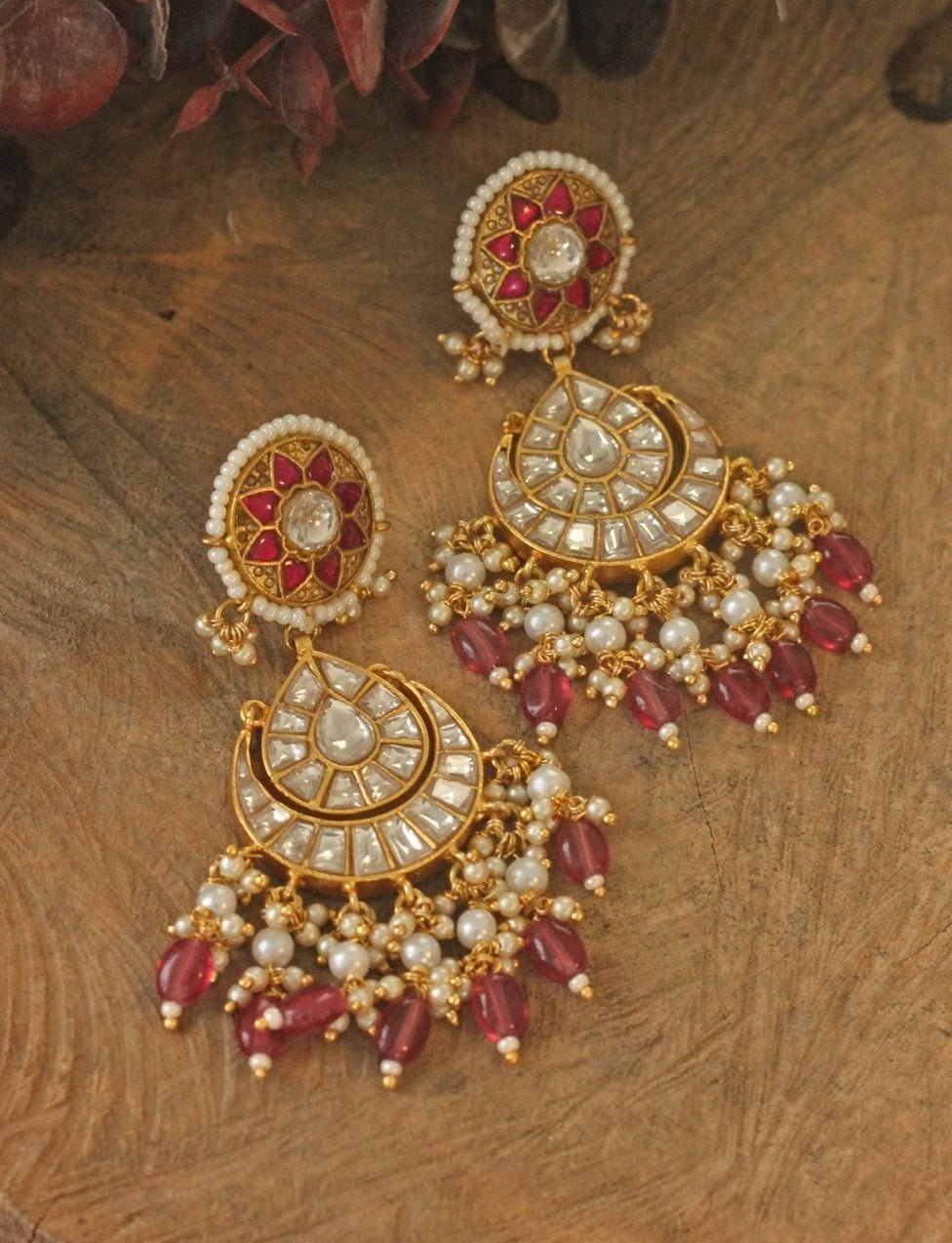 Gold Plated Kundan And Pink Stone Chandbali Earrings Kalyani Indian Jewelry - Fabilicious Fashion