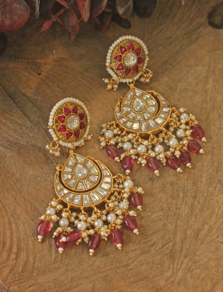 Gold Plated Kundan And Pink Stone Chandbali Earrings Kalyani Indian Jewelry - Fabilicious Fashion