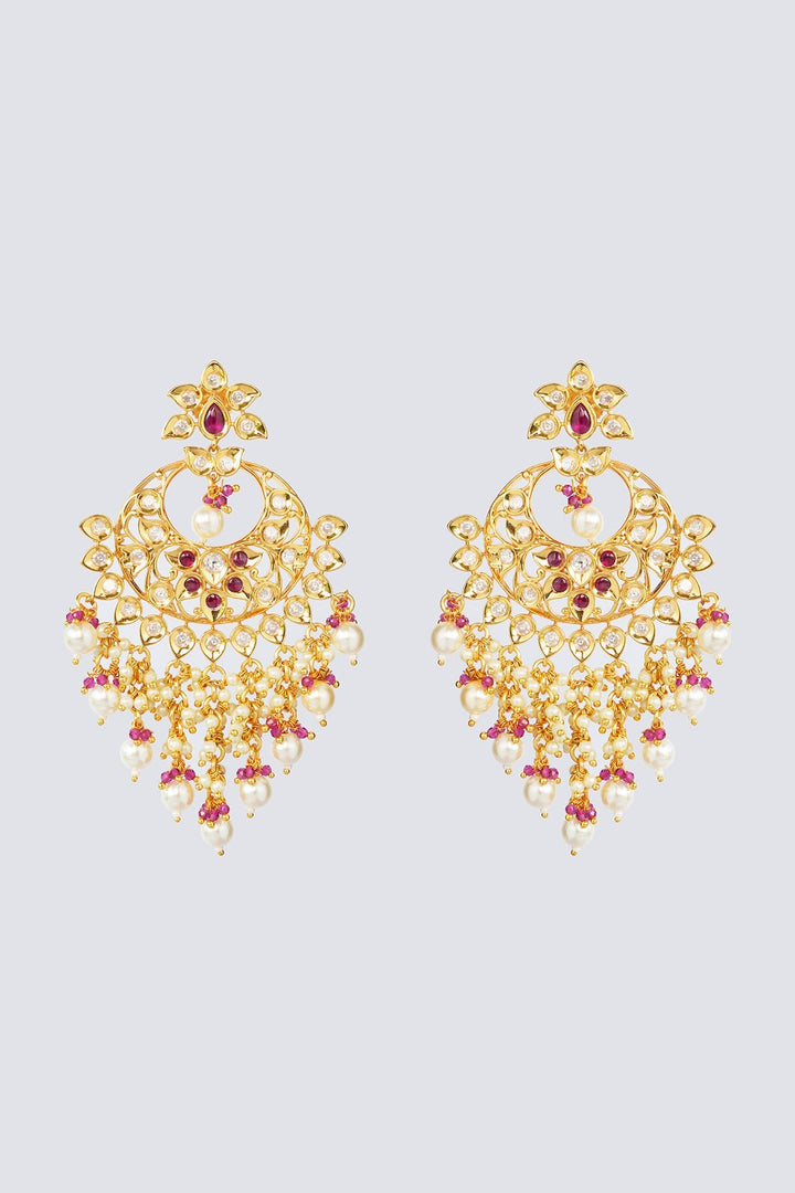 Gold Plated Kundan And Pink Stone Dangler Earrings Zevar by Geeta - Fabilicious Fashion