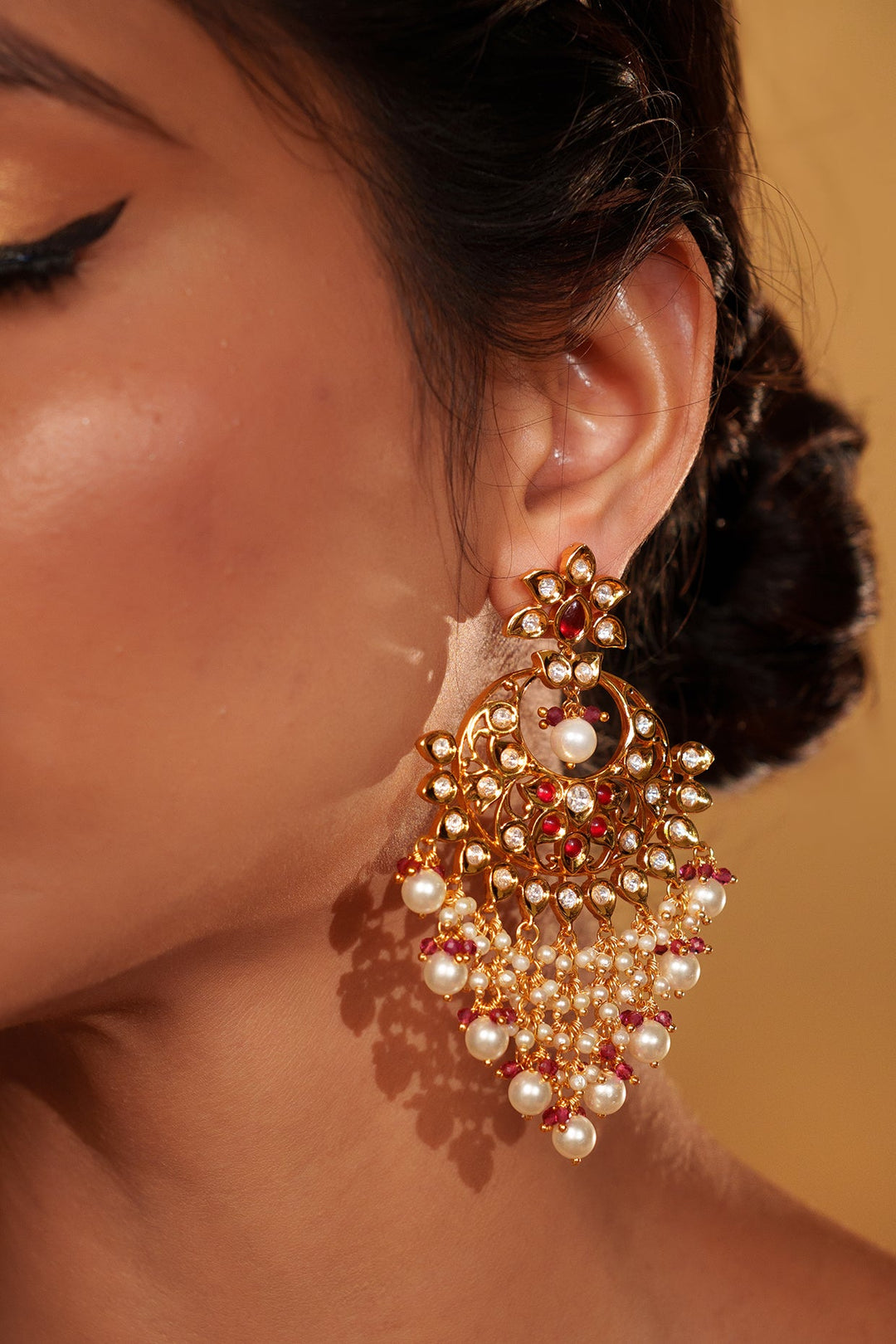 Gold Plated Kundan And Pink Stone Dangler Earrings Zevar by Geeta - Fabilicious Fashion