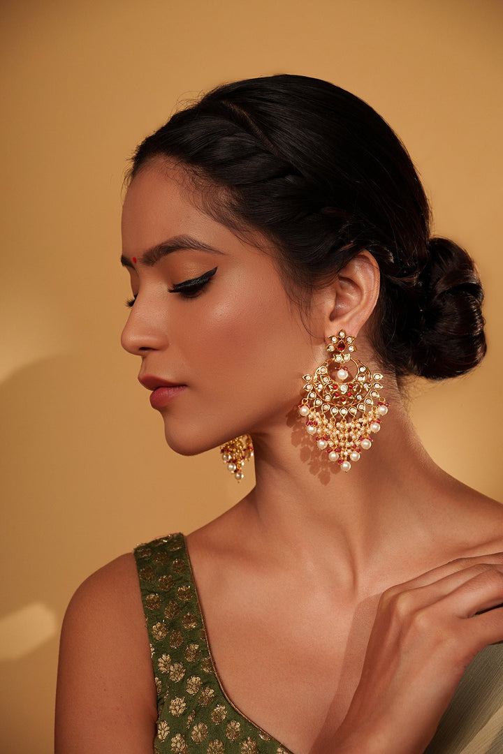Gold Plated Kundan And Pink Stone Dangler Earrings Zevar by Geeta - Fabilicious Fashion