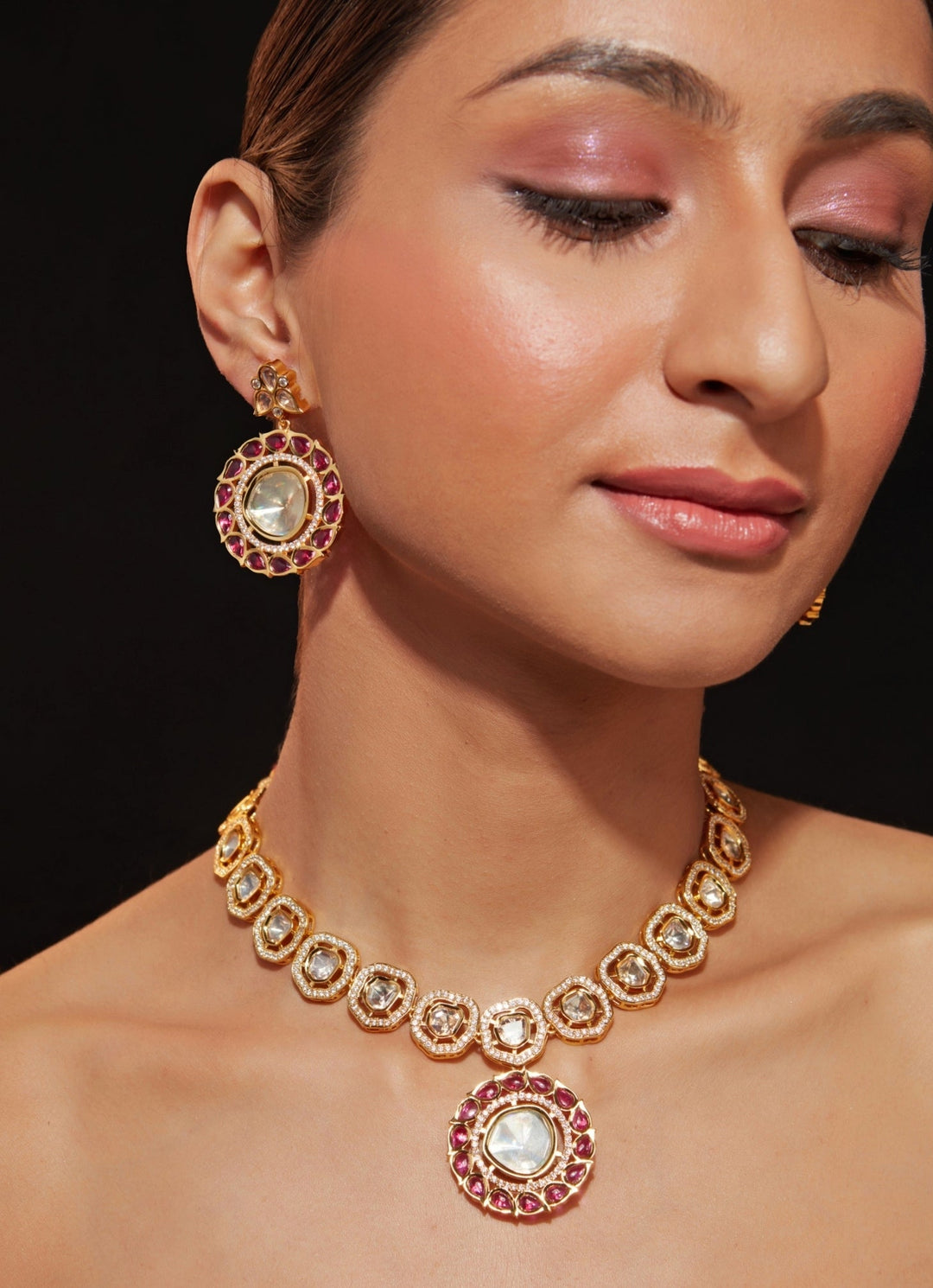 Gold Plated Kundan And Pink Stone Necklace Set Vivinia by Vidhi Mehra - Fabilicious Fashion