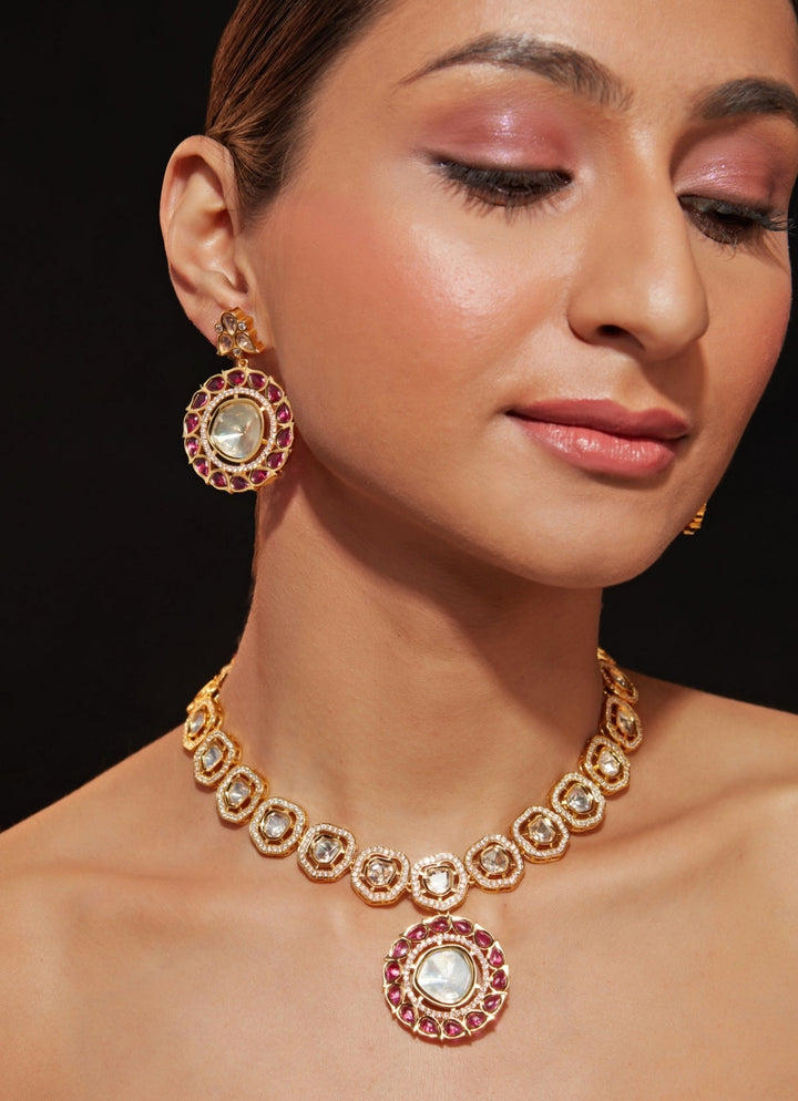 Gold Plated Kundan And Pink Stone Necklace Set Vivinia by Vidhi Mehra - Fabilicious Fashion