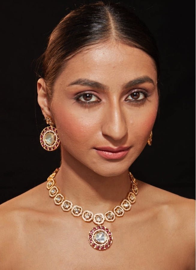 Gold Plated Kundan And Pink Stone Necklace Set Vivinia by Vidhi Mehra - Fabilicious Fashion