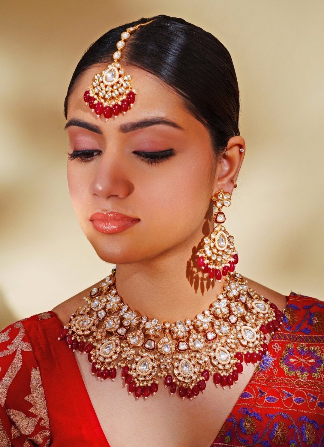 Gold Plated Kundan And Red Stone Bridal Necklace Set Zevar by Geeta - Fabilicious Fashion