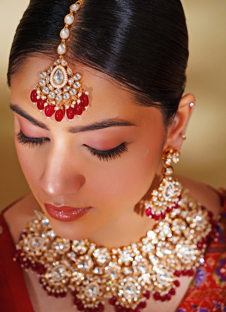 Gold Plated Kundan And Red Stone Bridal Necklace Set Zevar by Geeta - Fabilicious Fashion