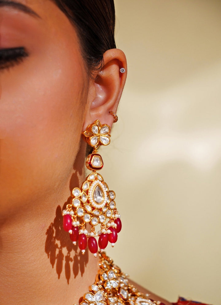 Gold Plated Kundan And Red Stone Bridal Necklace Set Zevar by Geeta - Fabilicious Fashion