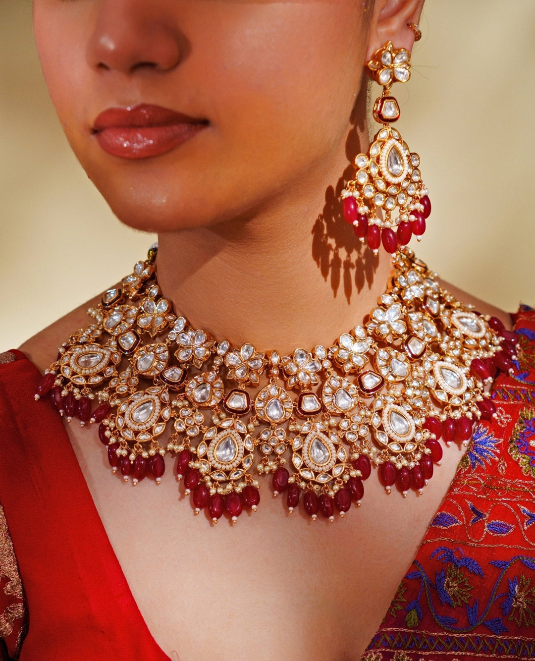 Gold Plated Kundan And Red Stone Bridal Necklace Set Zevar by Geeta - Fabilicious Fashion