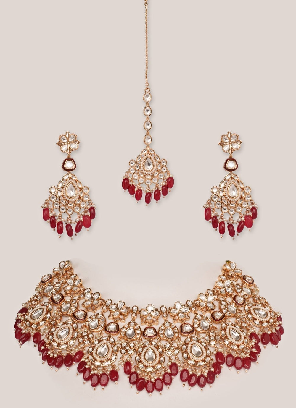 Gold Plated Kundan And Red Stone Bridal Necklace Set Zevar by Geeta - Fabilicious Fashion