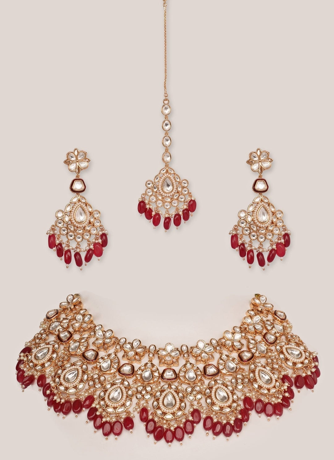 Gold Plated Kundan And Red Stone Bridal Necklace Set Zevar by Geeta - Fabilicious Fashion