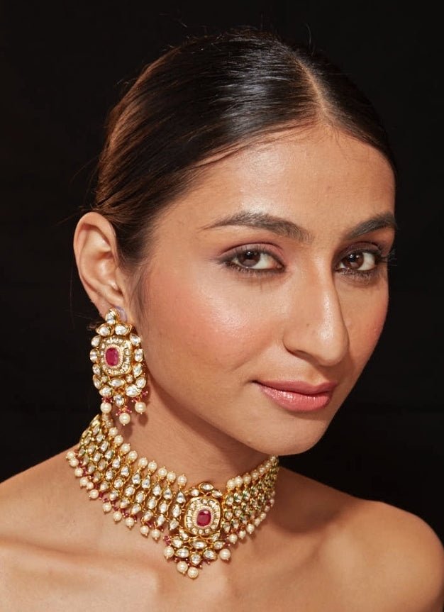 Gold Plated Kundan And Red Stone Choker Set Vivinia by Vidhi Mehra - Fabilicious Fashion