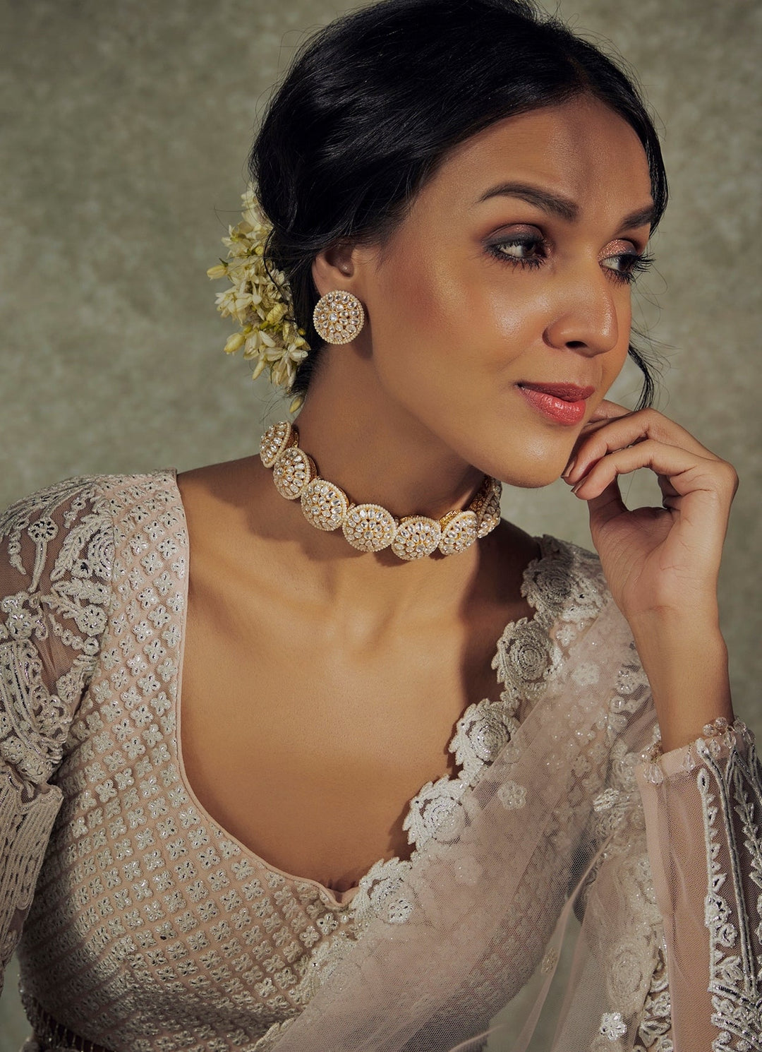Gold Plated Kundan And White Stone Choker Necklace Set Vivinia by Vidhi Mehra - Fabilicious Fashion
