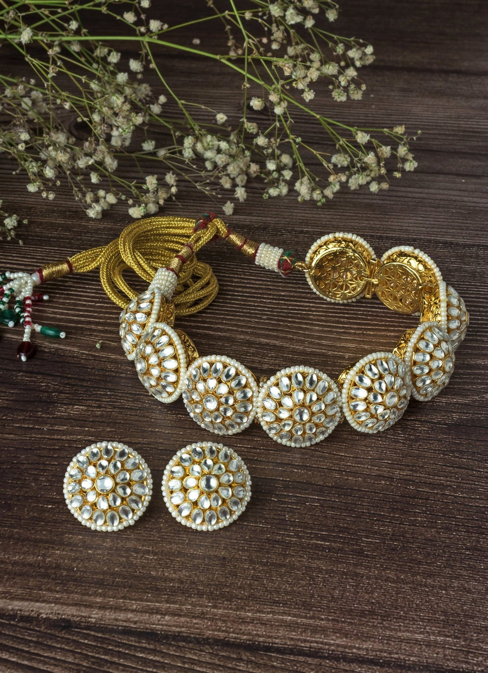 Gold Plated Kundan And White Stone Choker Necklace Set Vivinia by Vidhi Mehra - Fabilicious Fashion