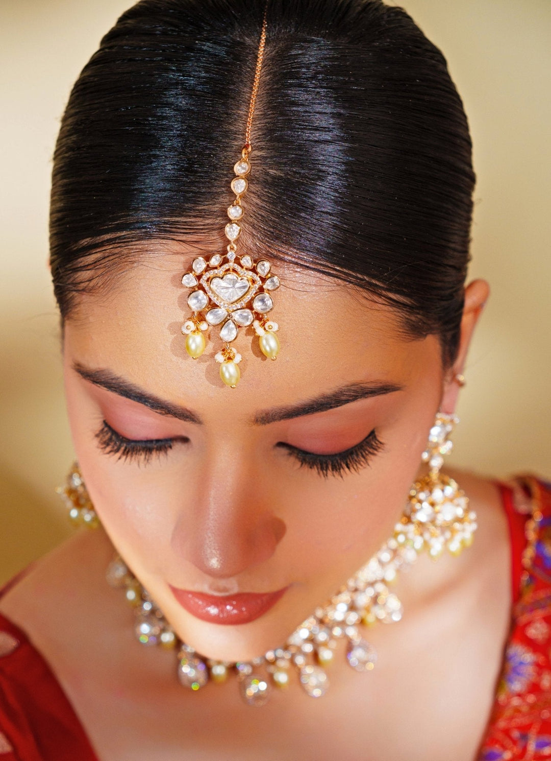 Gold Plated Kundan Bridal Necklace Set With Maang Tikka Zevar by Geeta - Fabilicious Fashion