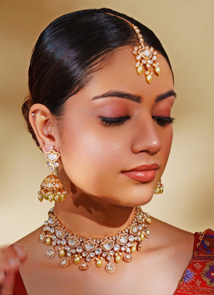 Gold Plated Kundan Bridal Necklace Set With Maang Tikka Zevar by Geeta - Fabilicious Fashion
