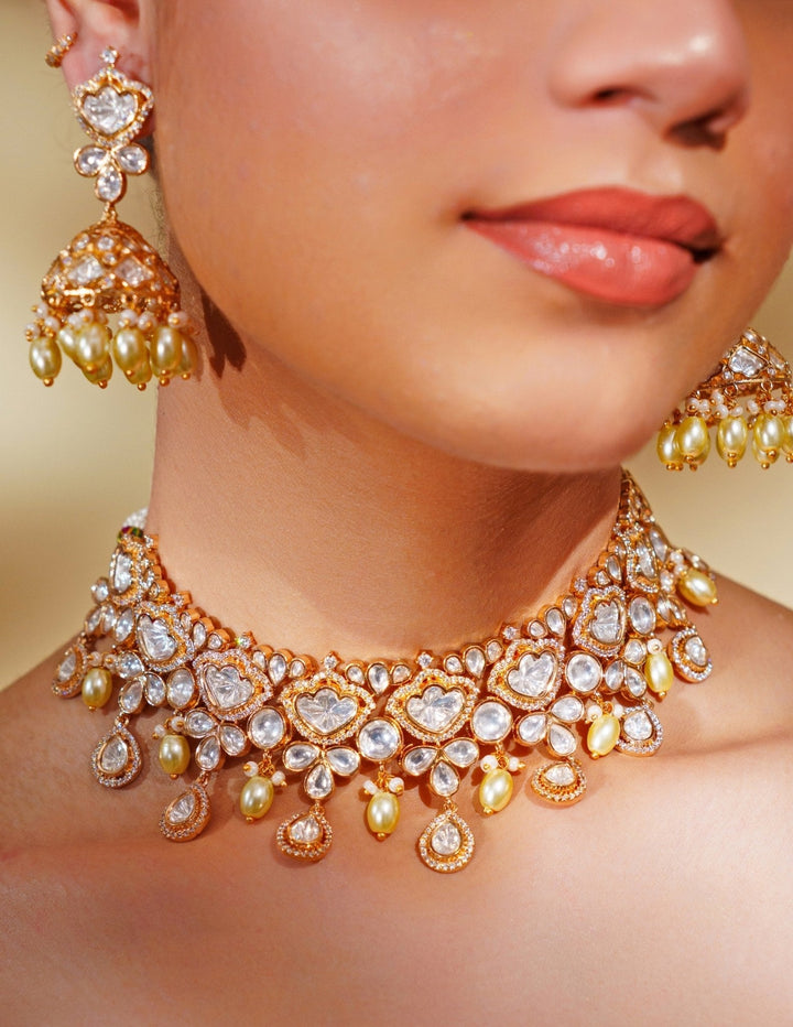 Gold Plated Kundan Bridal Necklace Set With Maang Tikka Zevar by Geeta - Fabilicious Fashion