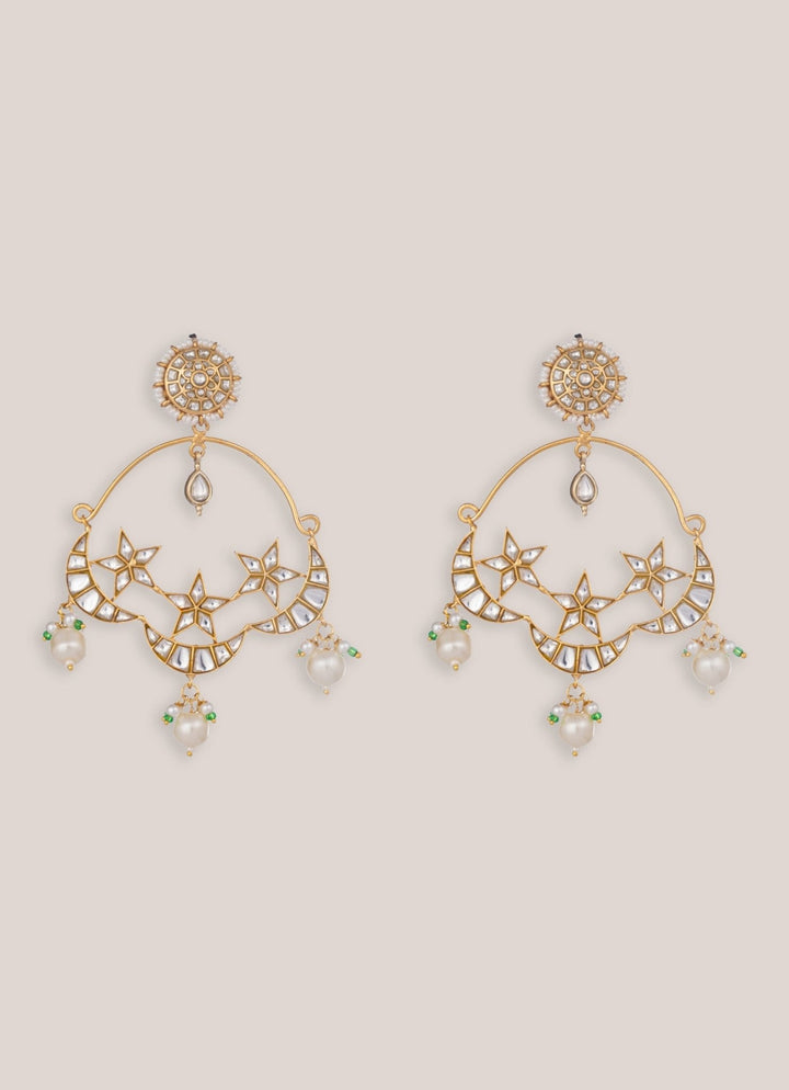 Gold Plated Kundan Chandbaali With Pearl Drops Zevar by Geeta - Fabilicious Fashion