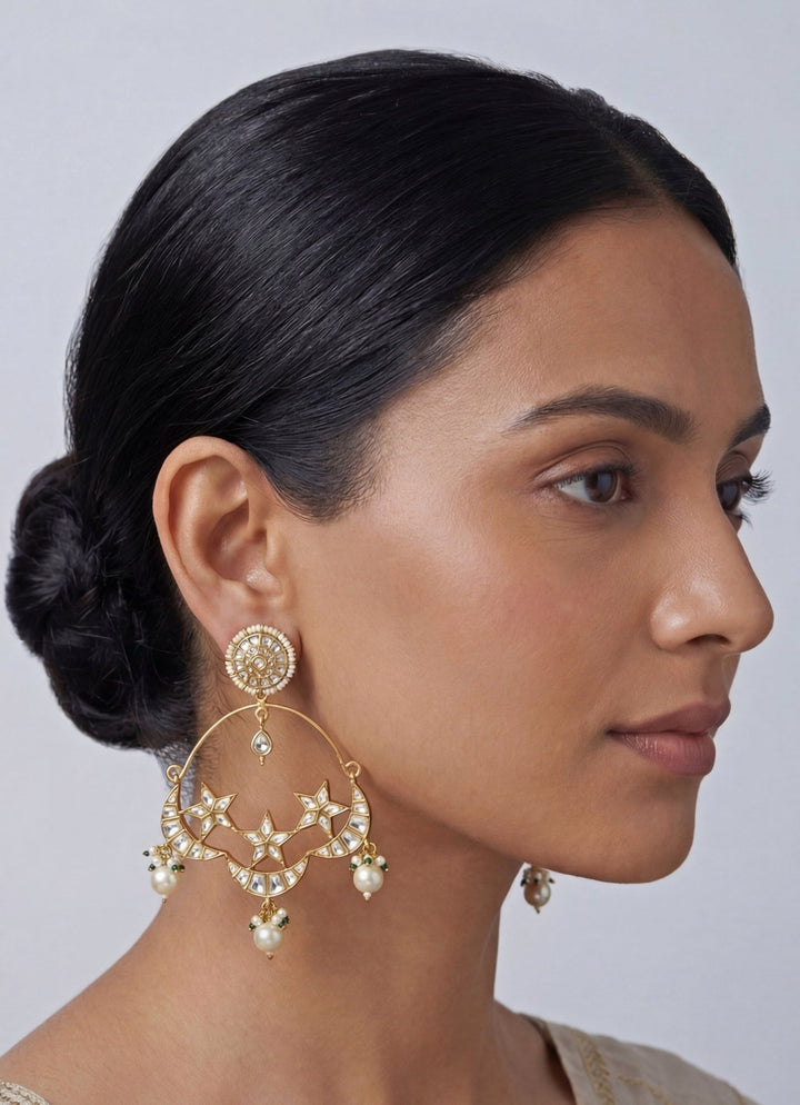 Gold Plated Kundan Chandbaali With Pearl Drops Zevar by Geeta - Fabilicious Fashion