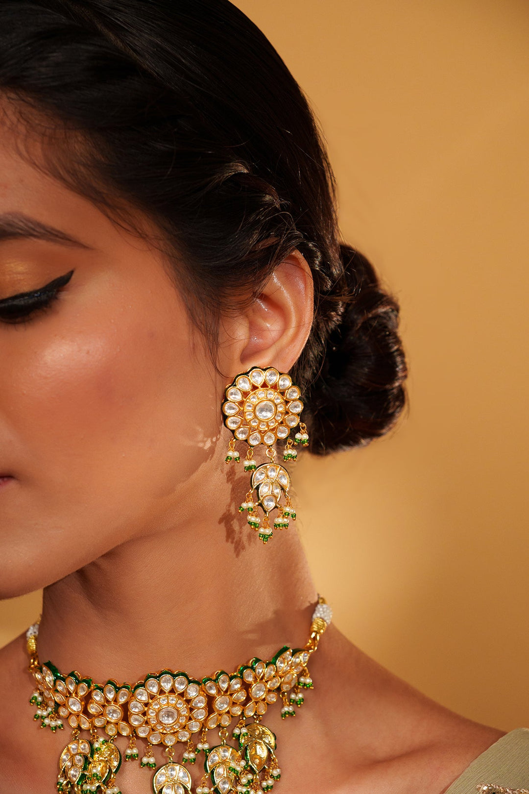 Gold Plated Kundan Choker Necklace With Pearl And Green Bead Hangings Zevar by Geeta - Fabilicious Fashion