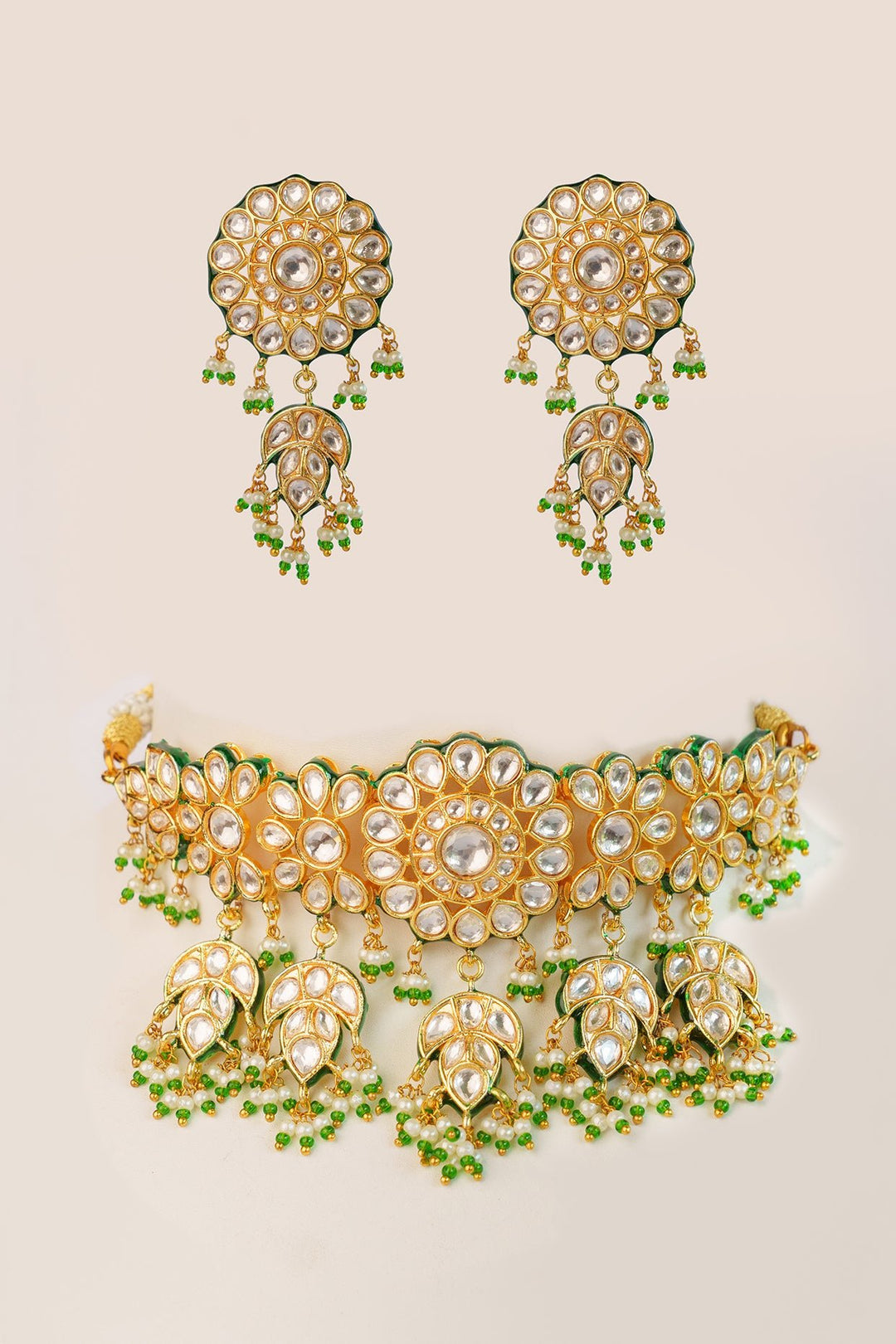 Gold Plated Kundan Choker Necklace With Pearl And Green Bead Hangings Zevar by Geeta - Fabilicious Fashion