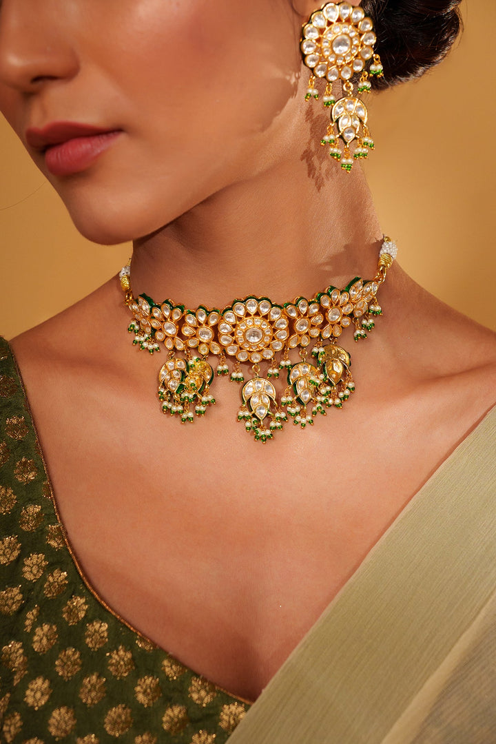 Gold Plated Kundan Choker Necklace With Pearl And Green Bead Hangings Zevar by Geeta - Fabilicious Fashion