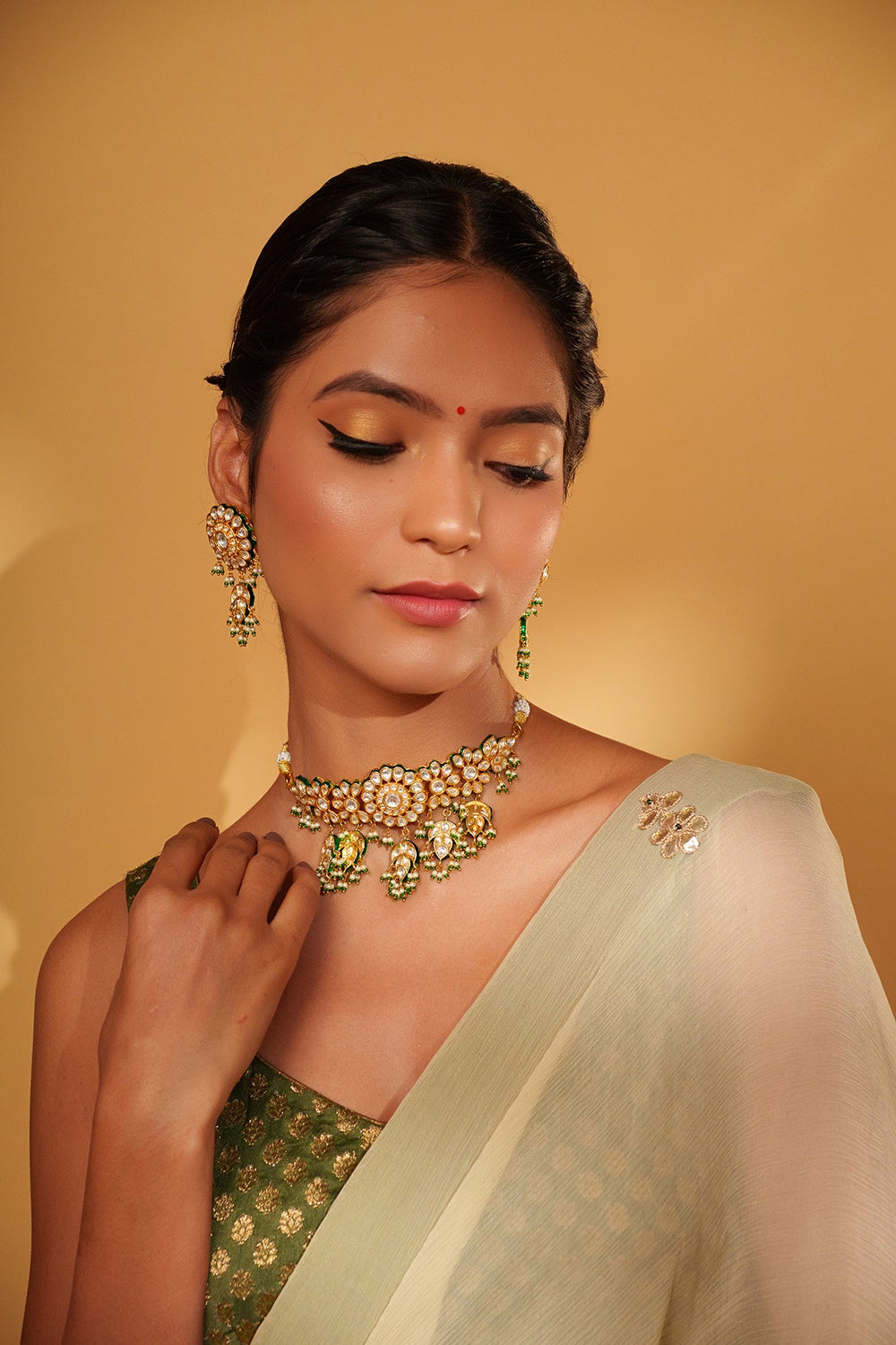 Gold Plated Kundan Choker Necklace With Pearl And Green Bead Hangings Zevar by Geeta - Fabilicious Fashion