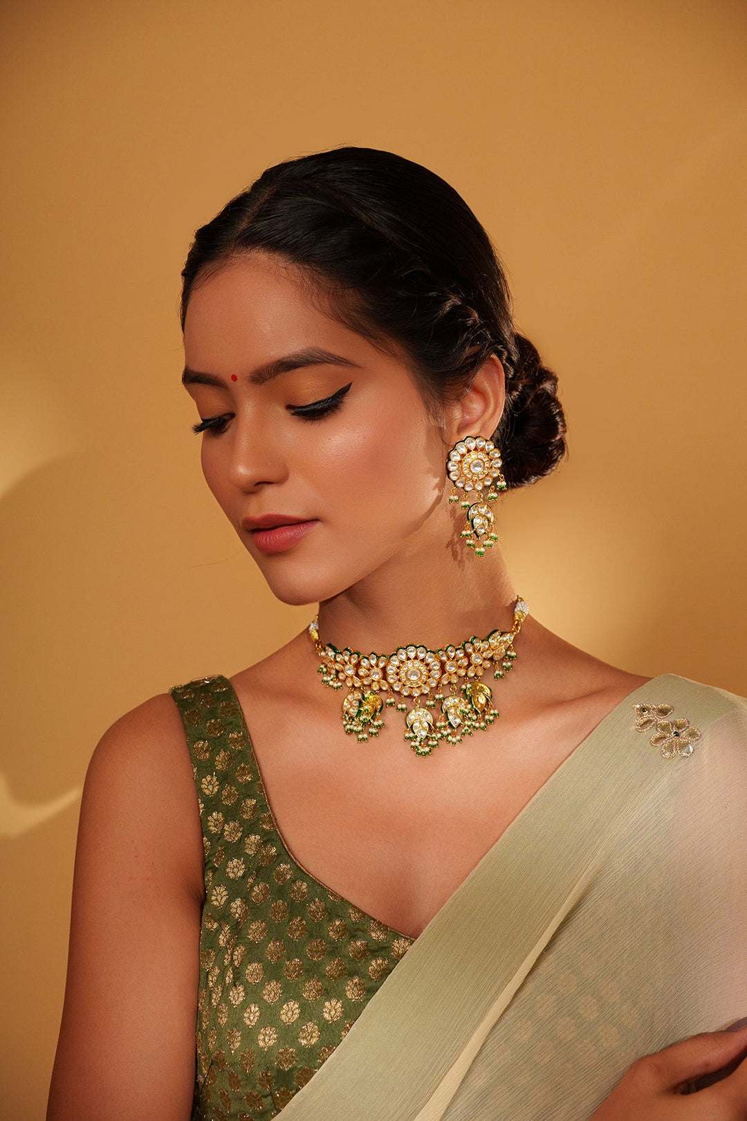 Gold Plated Kundan Choker Necklace With Pearl And Green Bead Hangings Zevar by Geeta - Fabilicious Fashion