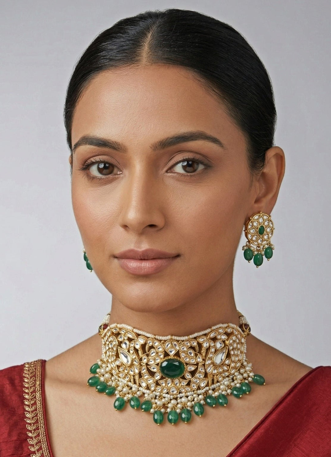 Zevar by Geeta Gold Plated Kundan Choker Set With Green PearlsFabilicious Fashion