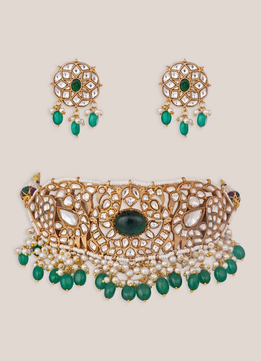 Zevar by Geeta Gold Plated Kundan Choker Set With Green PearlsFabilicious Fashion