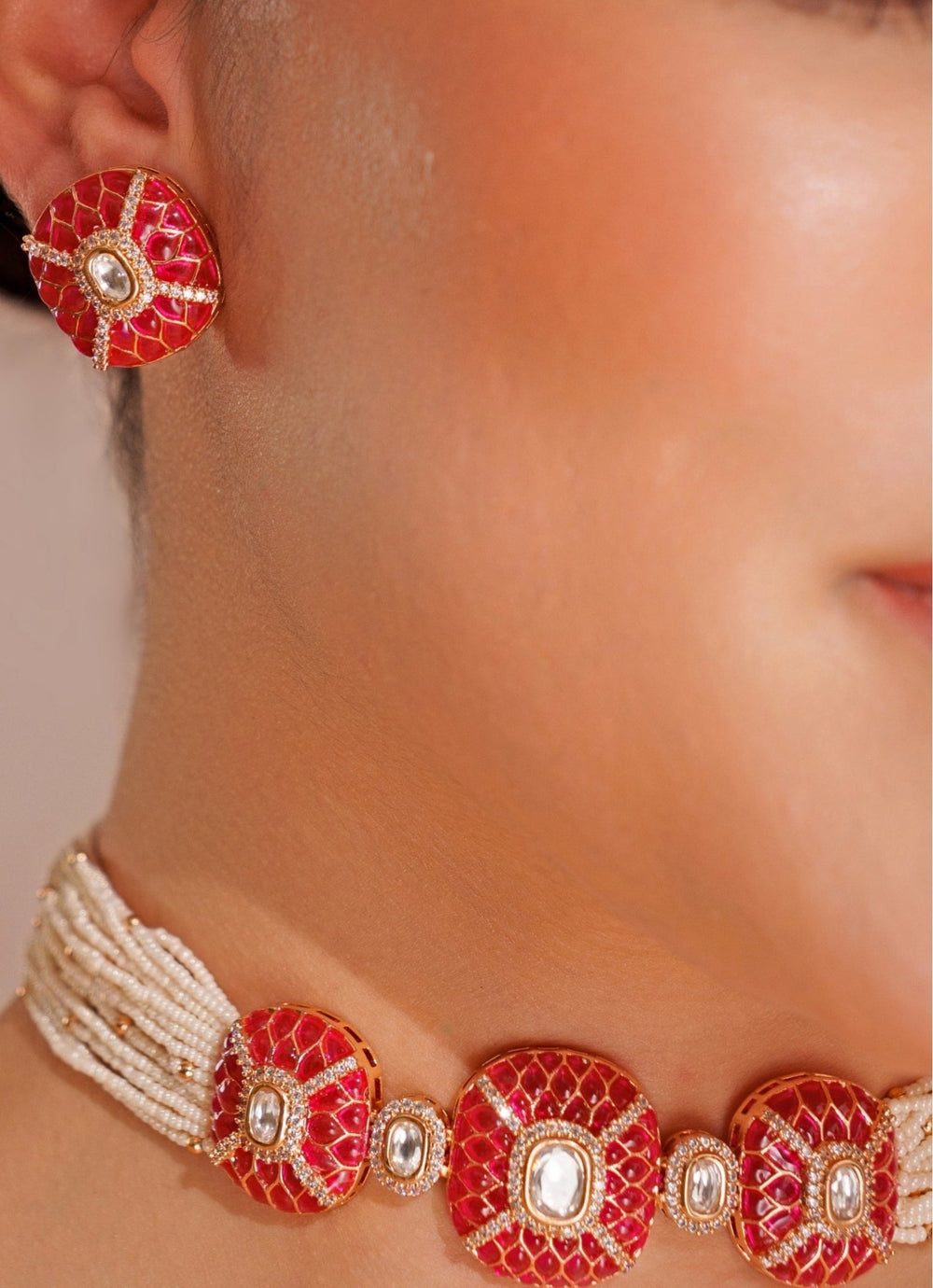 Gold Plated Kundan Choker Set With Stud Earrings Zevar by Geeta - Fabilicious Fashion