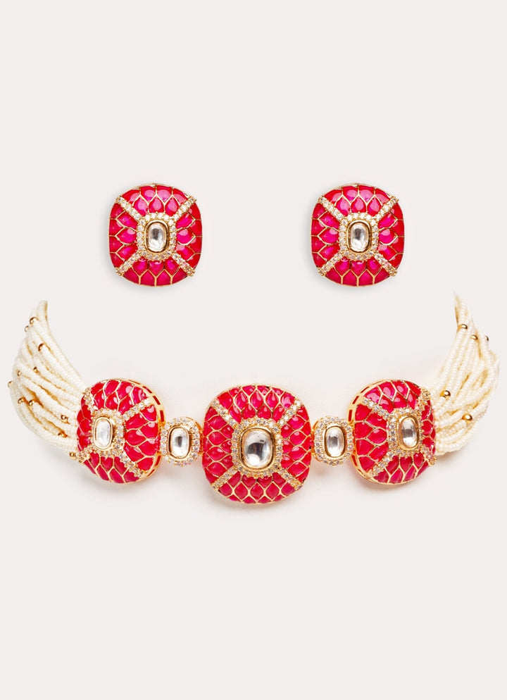 Gold Plated Kundan Choker Set With Stud Earrings Zevar by Geeta - Fabilicious Fashion