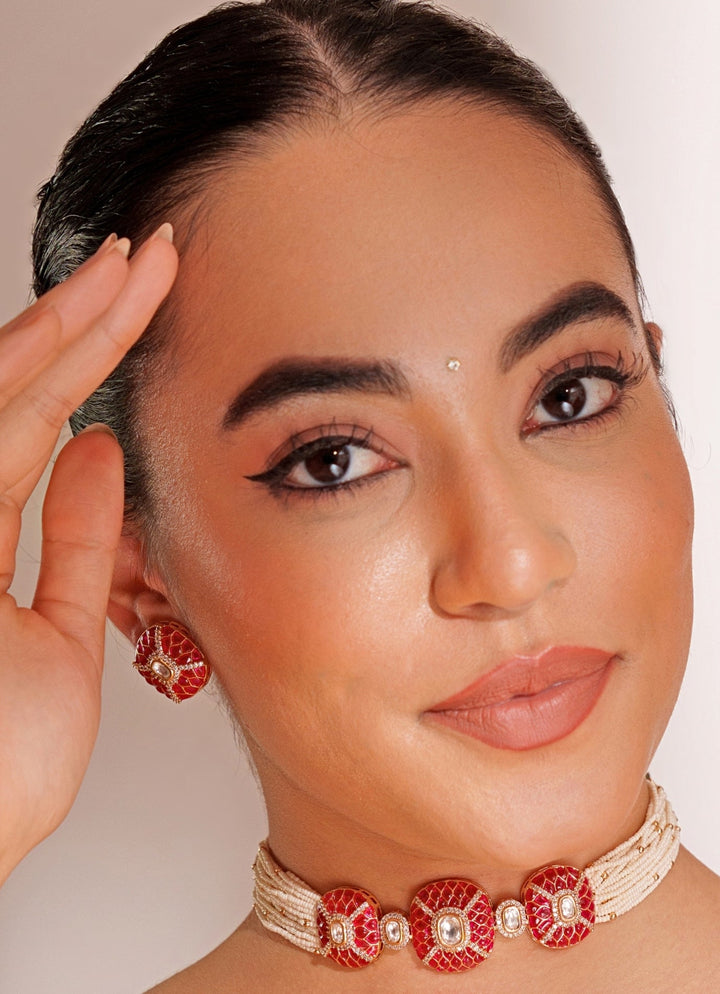 Gold Plated Kundan Choker Set With Stud Earrings Zevar by Geeta - Fabilicious Fashion