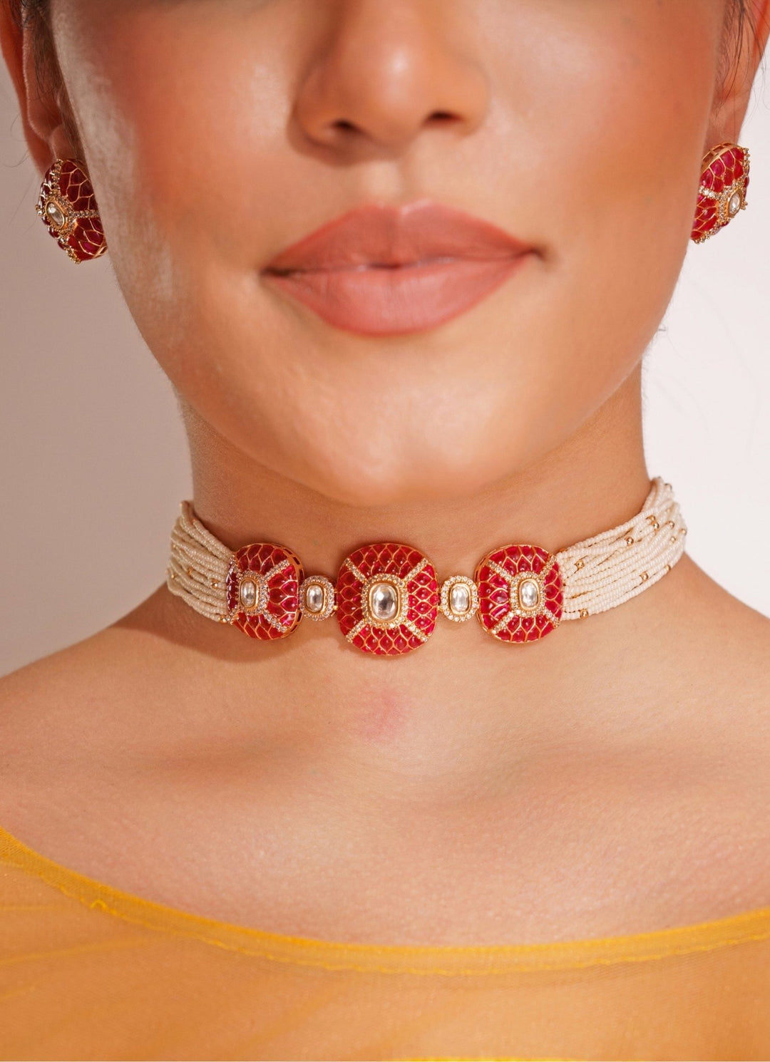 Gold Plated Kundan Choker Set With Stud Earrings Zevar by Geeta - Fabilicious Fashion