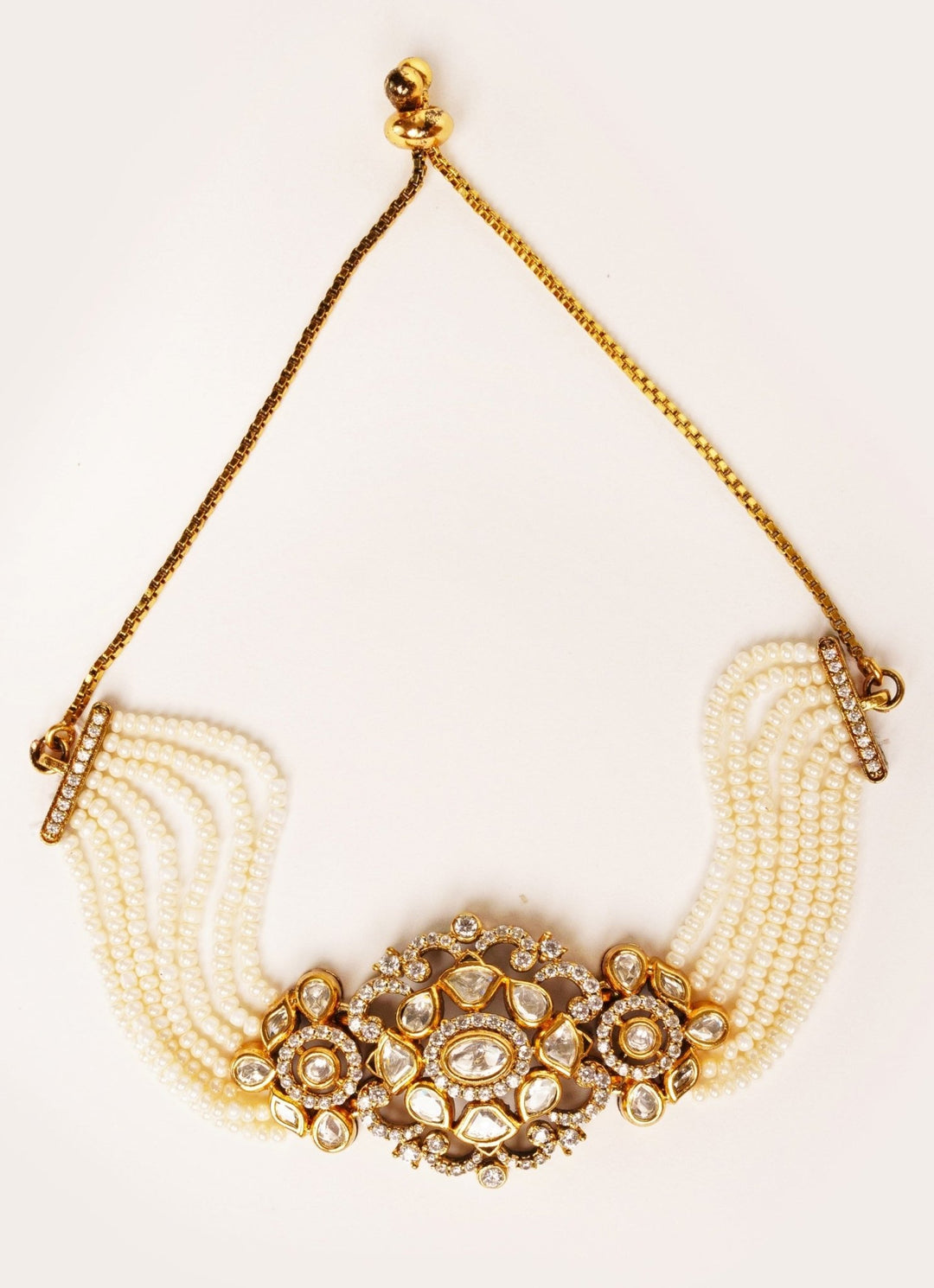 Gold Plated Kundan Crystal Studded Bracelet With White Beads Zevar by Geeta - Fabilicious Fashion