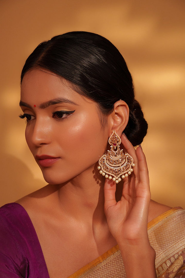 Gold Plated Kundan Dangler Earrings Zevar by Geeta - Fabilicious Fashion