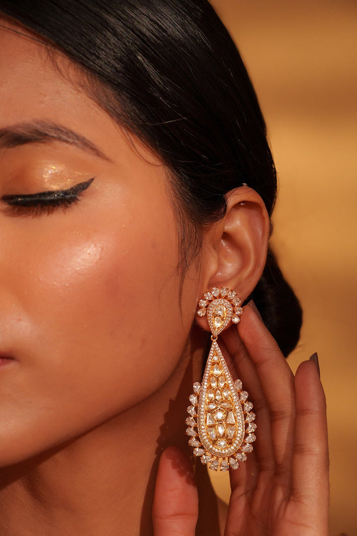 Gold Plated Kundan Drop Dangler Earrings Zevar by Geeta - Fabilicious Fashion