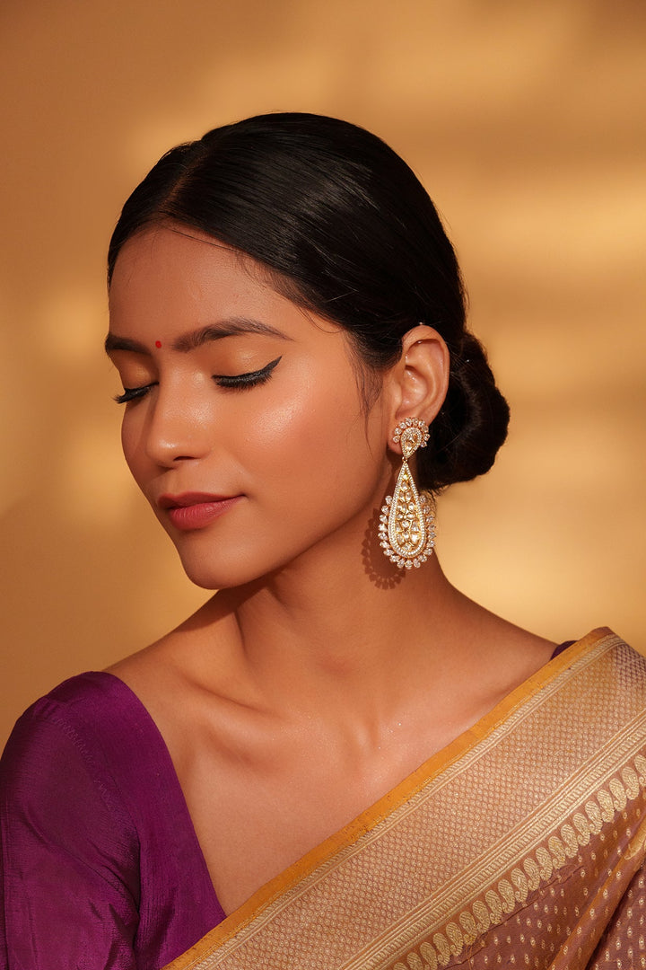 Gold Plated Kundan Drop Dangler Earrings Zevar by Geeta - Fabilicious Fashion