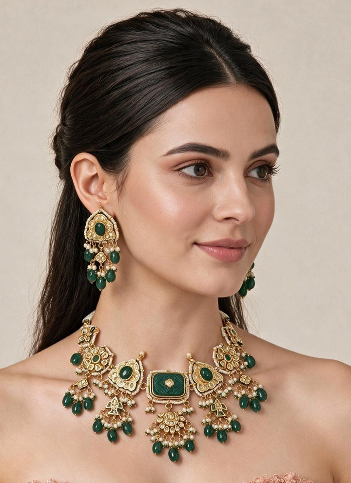 Vivinia By Vidhi Mehra Gold Plated Kundan Emerald Drop Necklace SetFabilicious Fashion