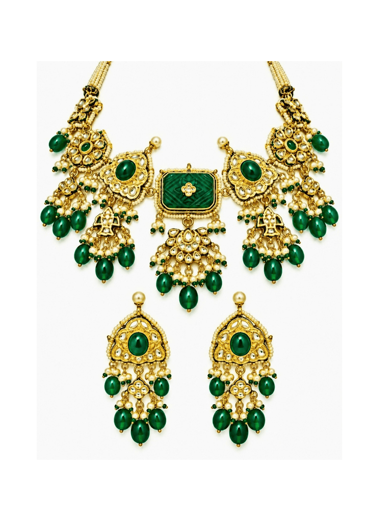 Vivinia By Vidhi Mehra Gold Plated Kundan Emerald Drop Necklace SetFabilicious Fashion